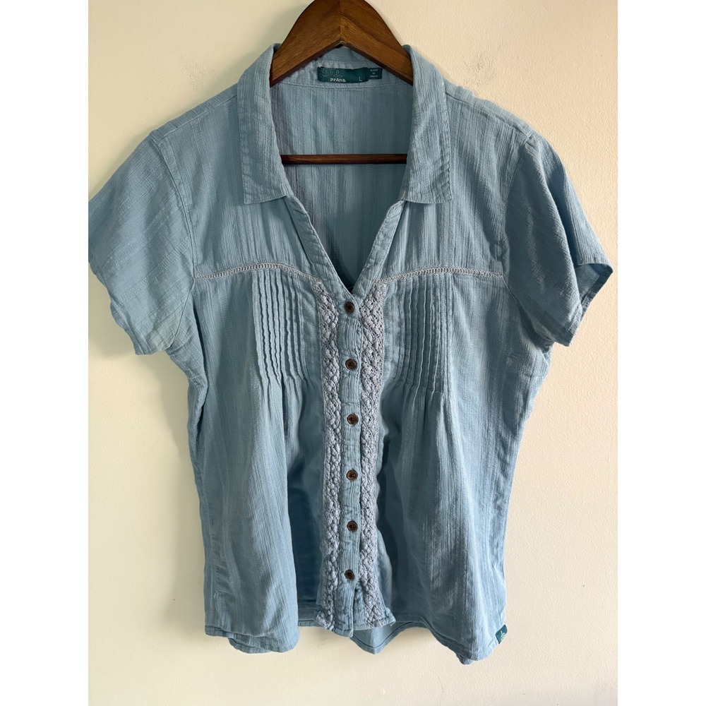 prAna Organic Cotton Blue Gauze Boho Button Front Top Size L